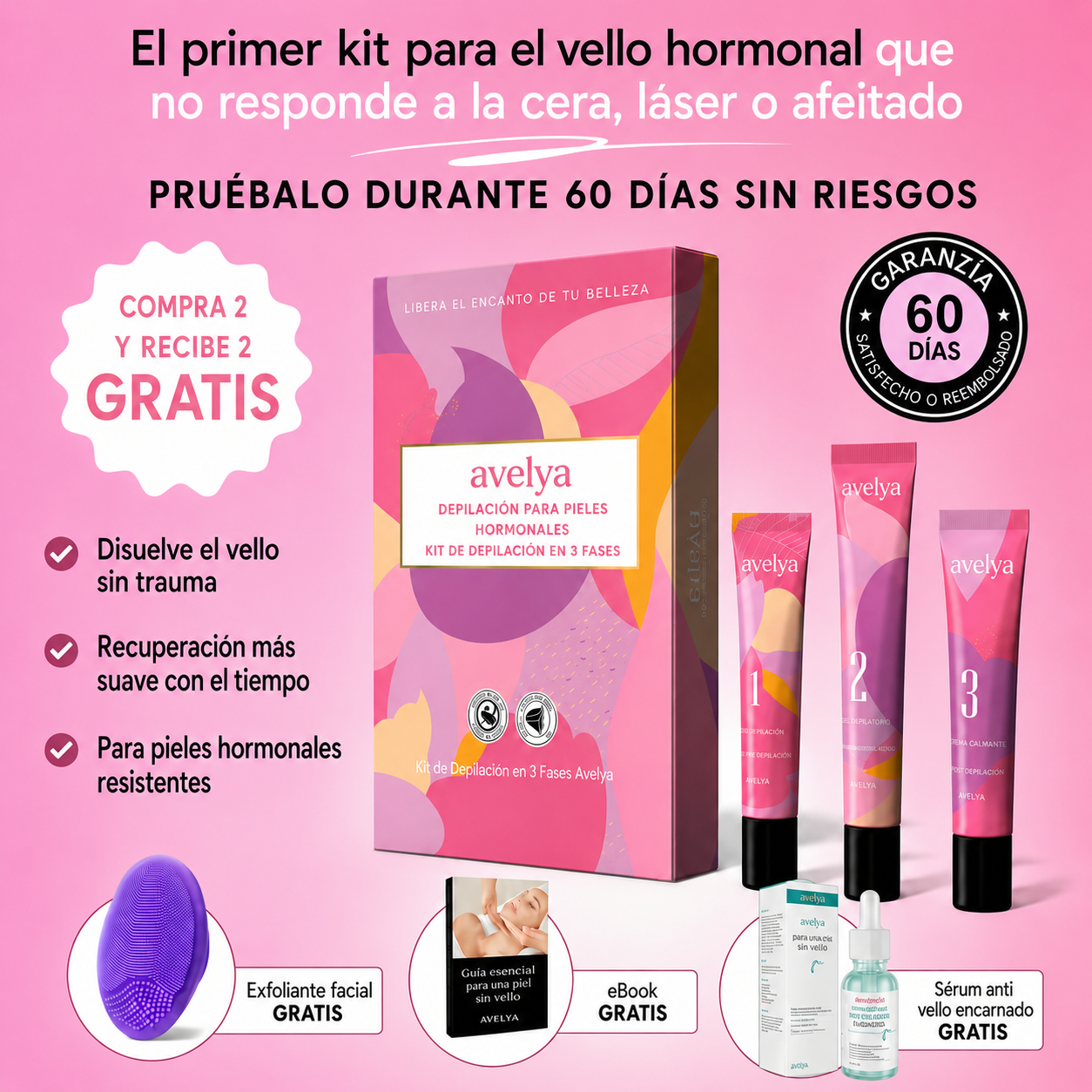 El primer kit completo de 3 fases que debilita y disuelve el vello hormonal sin dolor ni irritaciones