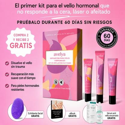 El primer kit completo de 3 fases que debilita y disuelve el vello hormonal sin dolor ni irritaciones